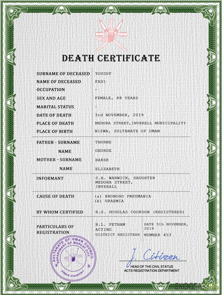 Modèle PSD de certificat de décès d'état civil d'Oman